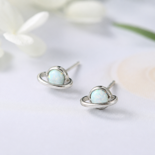 Geometric Fire Opal Planet Stud Earrings