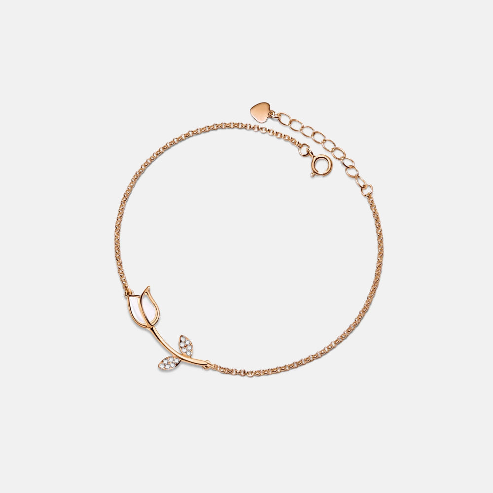 Opal Tulip Flower Bracelet • Dainty Gold Tulip Charm Bracelet • Sterling Silver Friendship Jewelry • Trendy Best Friend Gift