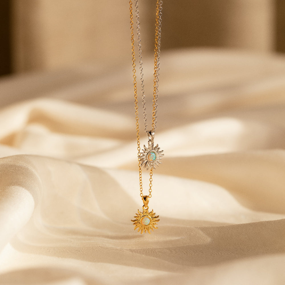 Dainty Opal Sun Necklace by Caitlyn Minimalist • Gold Sun Pendant Necklace, Gemstone Necklace • Celestial Jewelry • Gift for Her • NR176